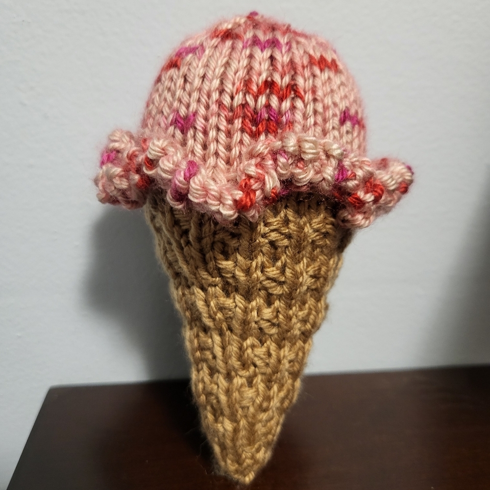 Hand Crafted knit ice cream cone pink and tan